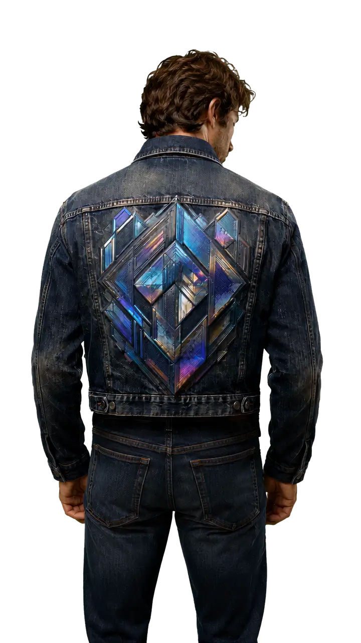 Model seen from the back wearing a Simsotex denim jacket with a large iridescent panelled print across the shoulders
